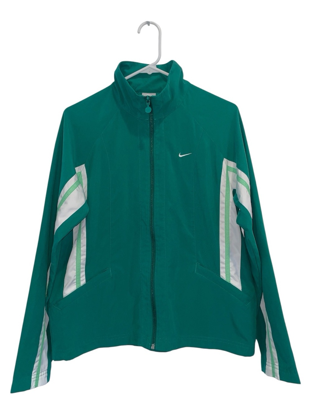 Vintage Nike Women's Running Jacket with White & Light Green Stripe Accents